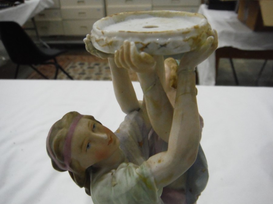 Late 19th/early 20th century coloured bisque porcelain centrepiece, the stem modelled with three - Image 3 of 11