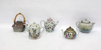 Canton porcelain miniature teapot with typical decoration, figures in garden and four other
