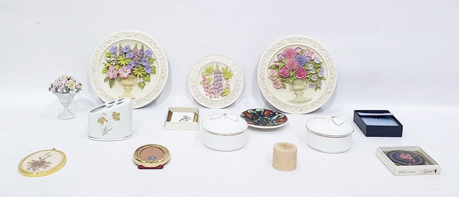 Poole pottery pin dish, posy ornaments, floral wall plaques,Stratton compact, etc (1 box)