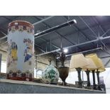 Large Chinese style ceramic vase, dragon pattern, two pairs of Corinthian column style table lamps