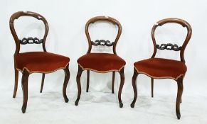 Set of six Victorian balloon-back dining chairs with red upholstered overstuffed seats, to
