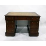 Victorian mahogany kneehole pedestal desk, having three frieze drawers and an arrangement of six