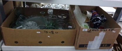 Four boxes of assorted ceramics and glassware to include wine glasses, glass decanter, etc
