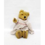 Gold plush music box bear with glass eyes, straw stuffed in a flower dress, height 45cm