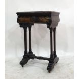 19th century lacquered workbox on end twin pillar standard supports with cheval base