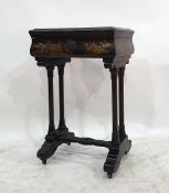 19th century lacquered workbox on end twin pillar standard supports with cheval base
