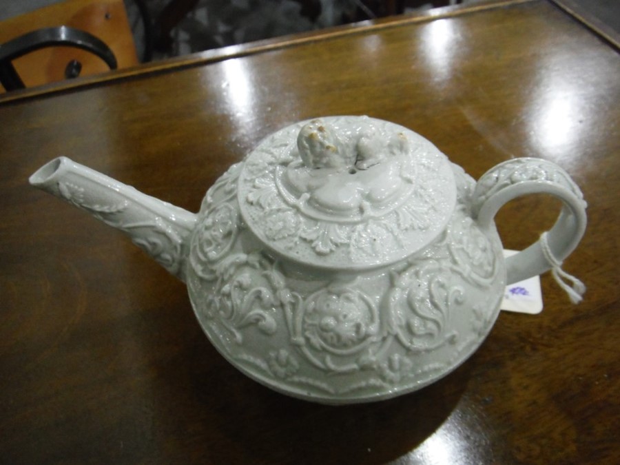 Early 19th century Wedgwood teapot, the grey glazed body with raised scrolling decoration and with - Image 2 of 10