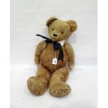 Large gold plush straw stuffed bear with glass eyes and stitched nose with collar and black bow,