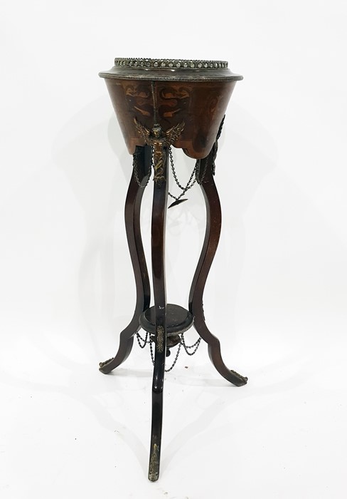 19th century mahogany and inlaid jardiniere stand with brass pierced galleried top of the bowl,