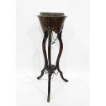 19th century mahogany and inlaid jardiniere stand with brass pierced galleried top of the bowl,