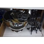 Large metal bowl together with two metal candelabra, bowls, etc