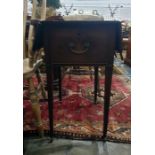 19th century mahogany drop-leaf side table with deep single drawer, raised upon square section