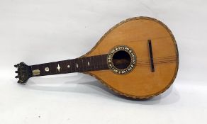 A nine string mandolin with mother of pearl decoration and inlay, five strings missing