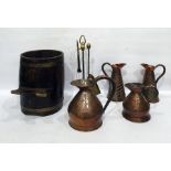 Quantity of brassware to include companion set, graduated copper jugs, coopered barrel, coal