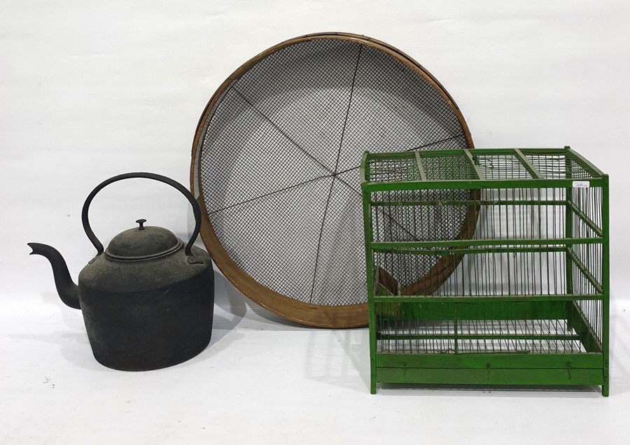 Cast iron kettle, garden sieve and a green painted wooden birdcage (3)