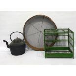 Cast iron kettle, garden sieve and a green painted wooden birdcage (3)