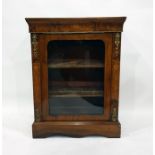 Victorian figured walnut display cabinet, having scroll and foliate inlaid cavetto frieze, fitted
