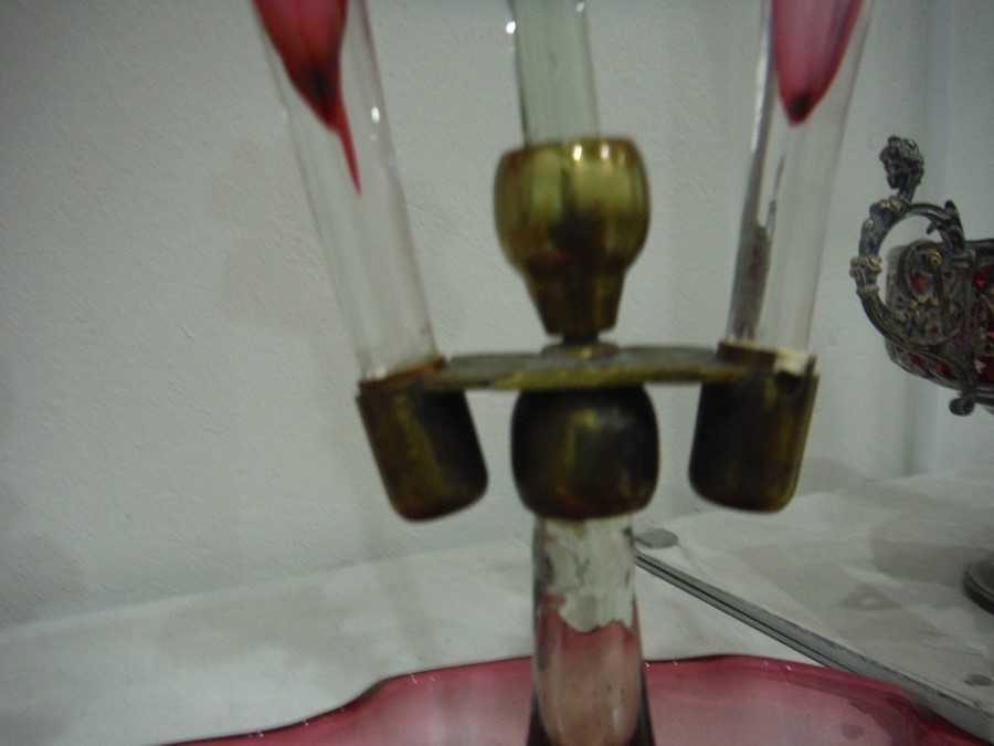 Pink glass epergne with three bowls as flowerheads, 55cm high  Central arm is tilting slightly to - Image 6 of 7