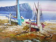 20th century school Oil on board Two beached fishing boats After Tony Black Colour print  Harbour