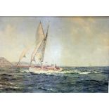 Colour print of a sailing yacht in choppy seas
