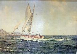 Colour print of a sailing yacht in choppy seas