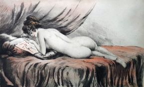 Tinted black and white print of female nude reclining and reading a magazine, 22cm x 33cm and a