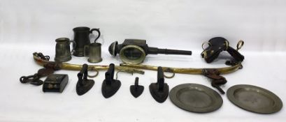 Quantity of brass horse hames, saddle-pattern traces attachment, carriage lamp, collection of pewter