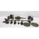 Quantity of brass horse hames, saddle-pattern traces attachment, carriage lamp, collection of pewter