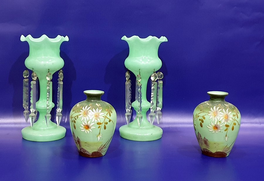 Pair of Victorian lustre vases, the green glass vases hung with cut glass lustres and a pair of - Image 4 of 4