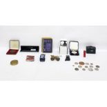 Various items to include opera glasses, commemorative coins, penknives, watches, copy of Frans