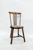 Oak stickback bedroom chair with circular needlework upholstered seat, raised upon cylindrical