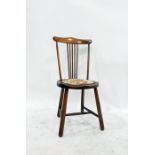 Oak stickback bedroom chair with circular needlework upholstered seat, raised upon cylindrical