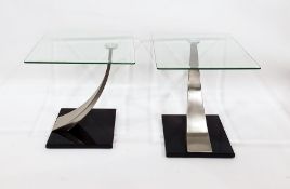 Pair of modern glass-topped side tables with swept brushed steel supports to smoky glass base (2) (