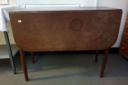 19th century mahogany drop-leaf table with single drawer, on turned supports 114.5cm