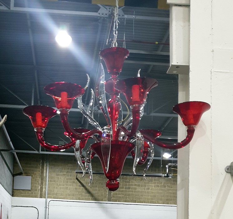 Venetian style six-branch electrolier with cranberry and clear glass