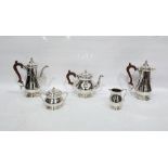 Elizabeth II silver five-piece service comprising teapot, hot water pot, coffee pot, sugar bowl
