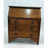 Early 20th century oak bureau with fitted interior above three drawers, 91cm