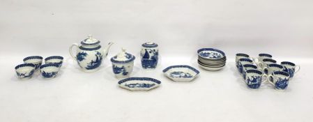 18th century Caughley blue and white tea set decorated in the 'Fisherman' pattern, comprising