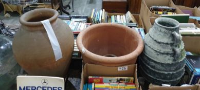 Earthenware amphora, large terracotta garden planter and two others