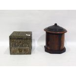 19th century lignum vitae string box of turned cylindrical form, on octagonal base, 22cm high and an