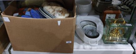 Box of assorted household items to include two Seiko clocks, Royal Cauldon 'Freedwell' plates, etc