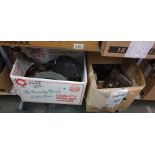Two boxes of assorted metalware, glass, and ceramics to include fencing helmet, ashtray, etc