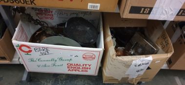 Two boxes of assorted metalware, glass, and ceramics to include fencing helmet, ashtray, etc