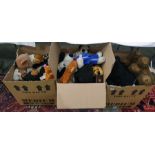 Three boxes of assorted teddy bears to include a Steiff bear head pin, a Sooty hand puppet, etc