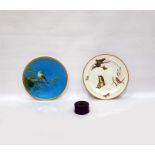 Victorian Minton cabinet plate painted with a bird on an oak branch, on a turquoise ground, 24cm