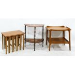 20th century teak nest of coffee tables, a two-tier demi-lune side table with foliate decoration and