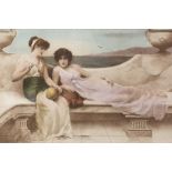 Colour print after Herbert Horwitz of two girls in Grecian dress by the sea, a print after