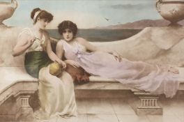 Colour print after Herbert Horwitz of two girls in Grecian dress by the sea, a print after