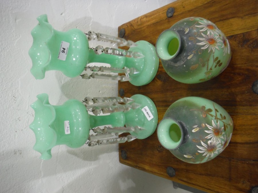 Pair of Victorian lustre vases, the green glass vases hung with cut glass lustres and a pair of - Image 2 of 4