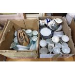 Two boxes of ceramics to include Harrods part tea service, Wedgwood souvenir mug, etc